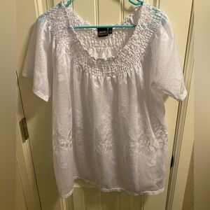 Rafaella Top XL Peasant Style Blouse White Stretch Shirt Sheer Swimsuit Cover